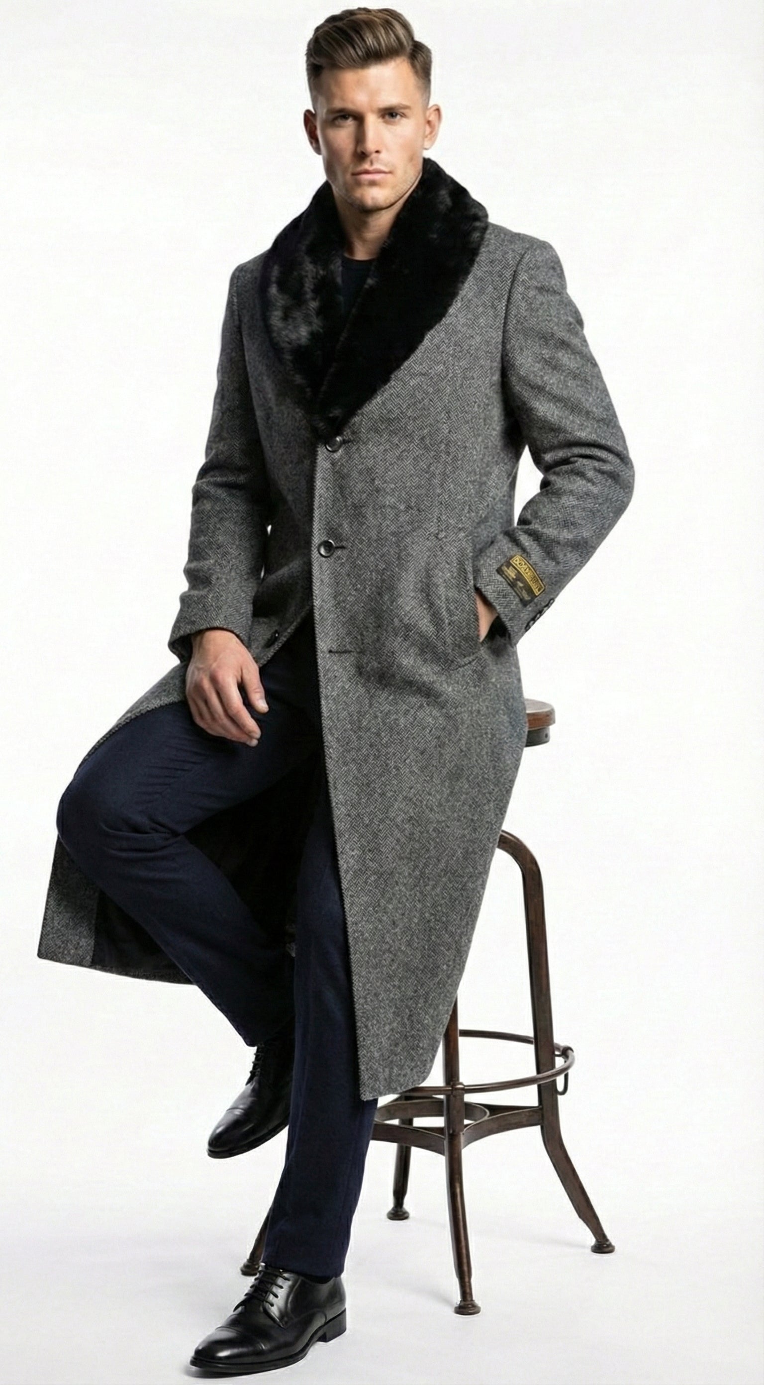 Men's Grey Herringbone Tweed Long Overcoat with Black Faux Fur Collar, Classic Winter Topcoat - Coat Size 36