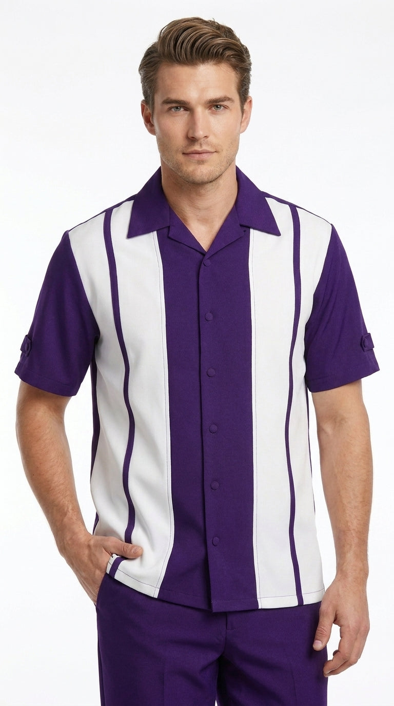 Men’s Purple and White Walking Suit – 2-Piece Short Sleeve Casual Leisure Outfit - Small
