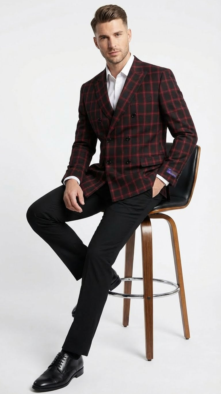 Men’s Black and Red Check Double Breasted Blazer – Sport Coat Jacket Windowpane Sportcoat Slim Fit - 36 Short