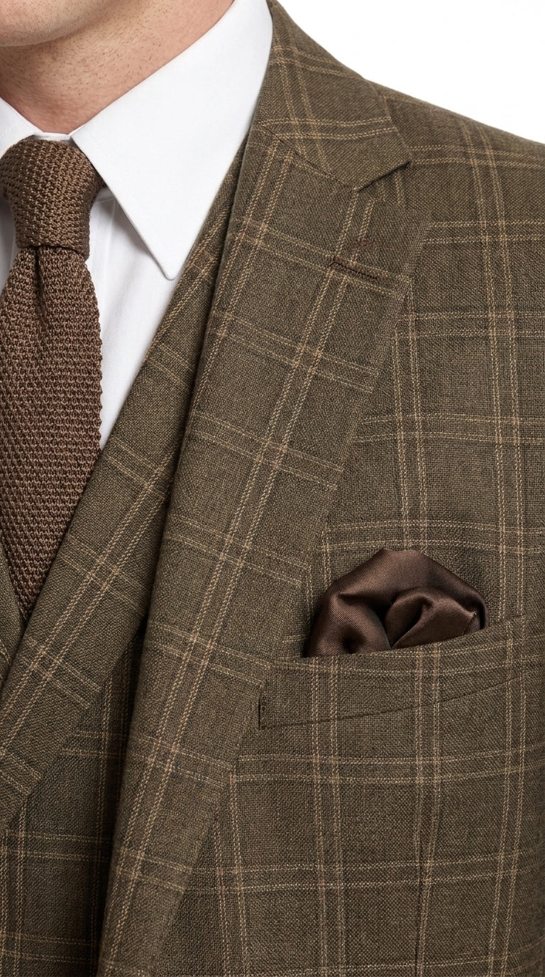 Men’s 1930s Brown Plaid 3 Piece Suit, Vintage Formal Wedding Business Dress Suit Set - 34 Short or Extra Small