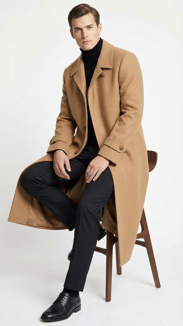 Mens Full-Length Camel Overcoat Classic Long Microfiber-Blend Coat for Winter and Formal Wear Maxi Duster Coat