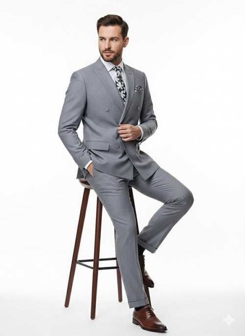 Mens Grey Tone on Tone Double-Breasted Suit Classic Slim Fit 2 Piece Formal Business Gray Shadow Stripe