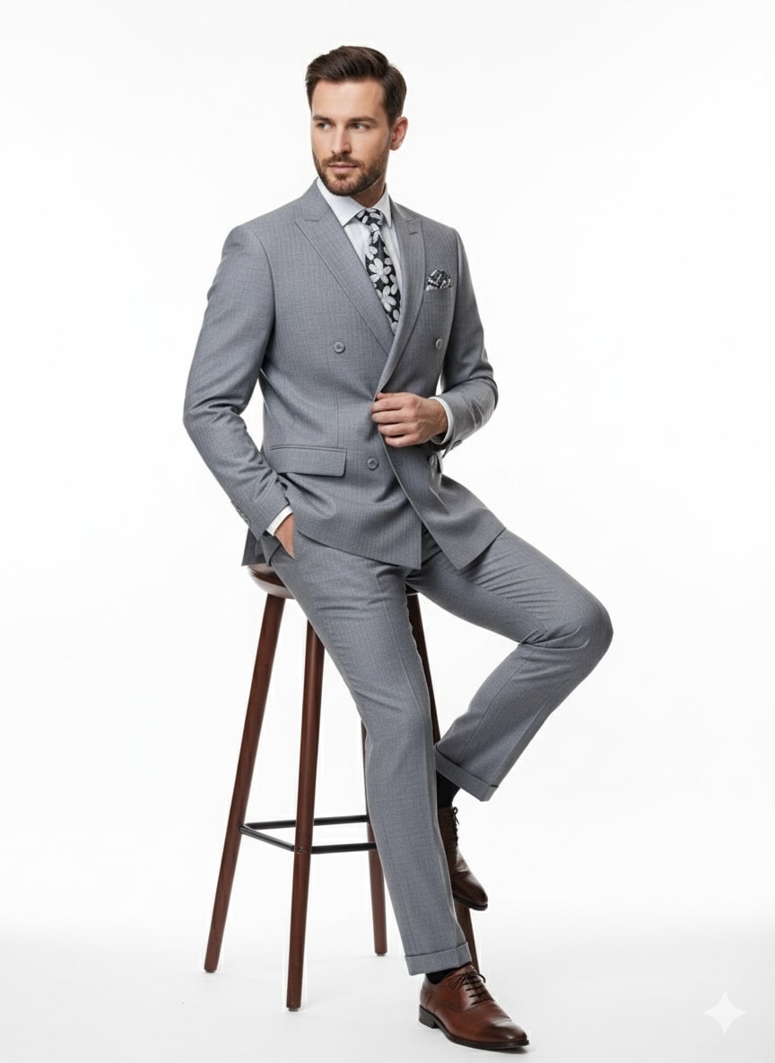 Mens Grey Tone on Tone Double-Breasted Suit – Classic Slim Fit 2 Piece Formal Business Gray Shadow Stripe - 34 Short or Extra Small