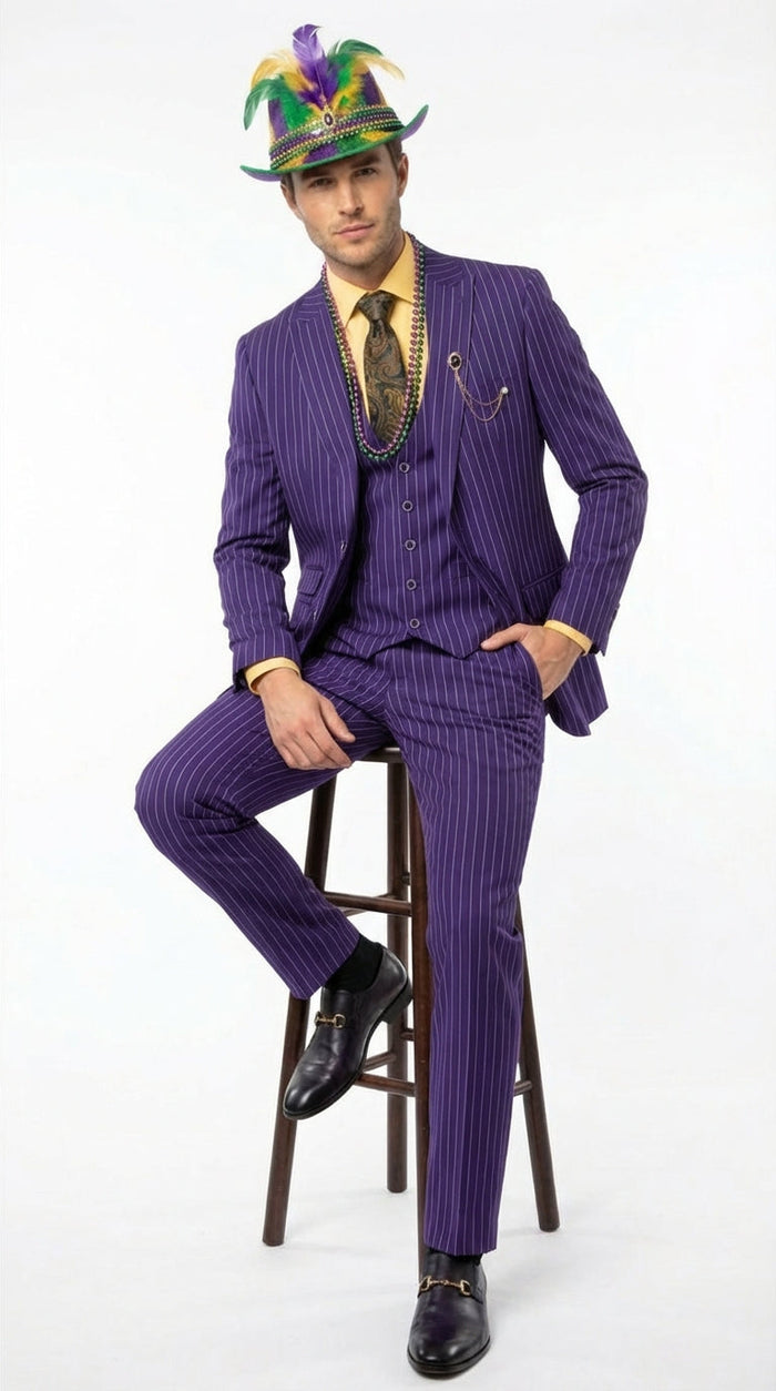 Mens Purple Pinstripe Mardi Gras Suit | Three Piece Carnival Formal Suit with Vest