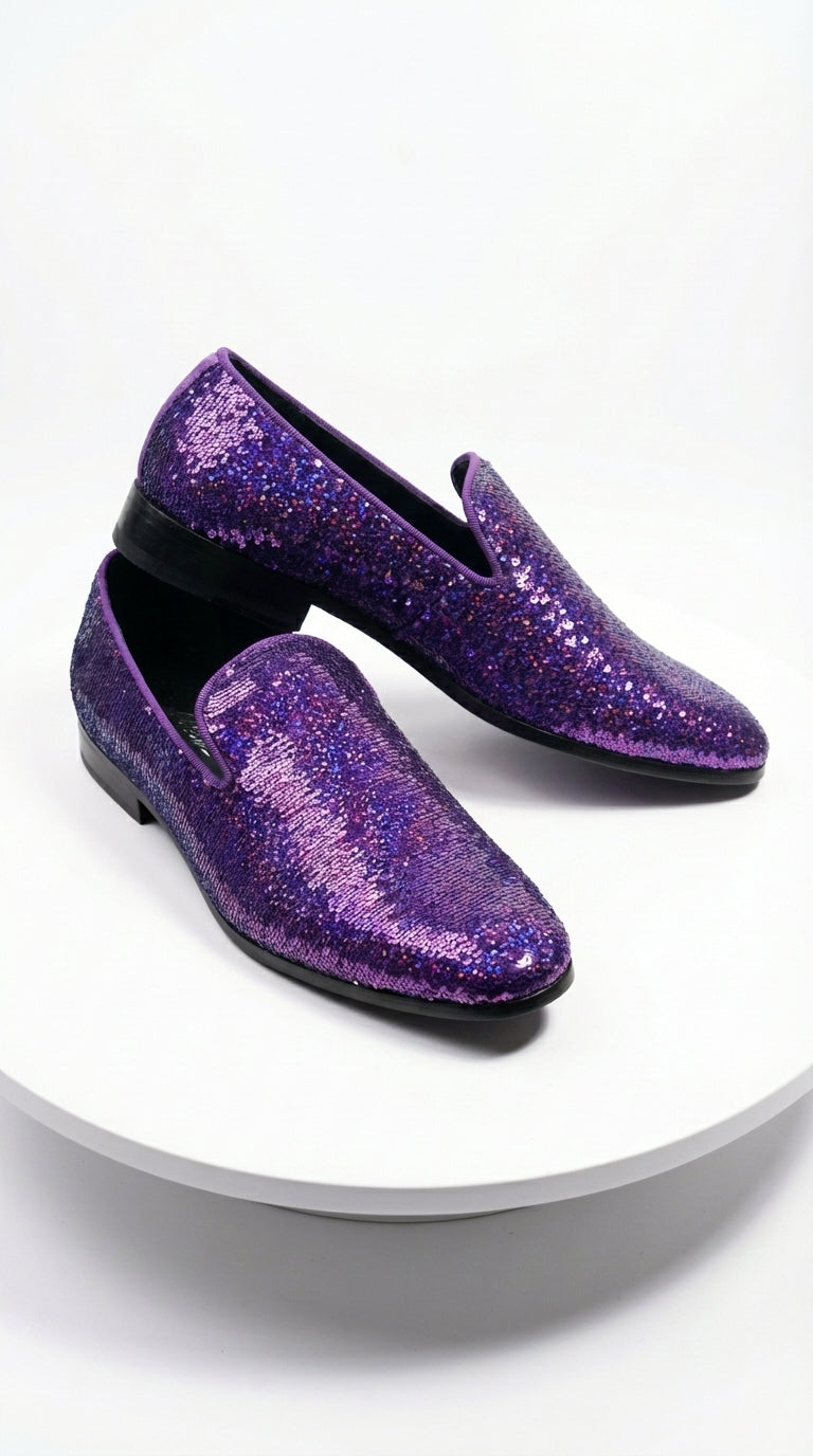 Mens Purple Sequin Dress Shoes Slip on  – Luxury Slip On Formal Loafers Wedding Prom Party Designer Footwear - 6 Standard / D / Medium