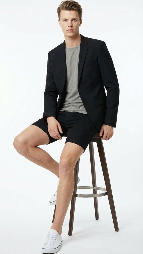 Mens Black Summer Business Suit with Shorts Pants Set