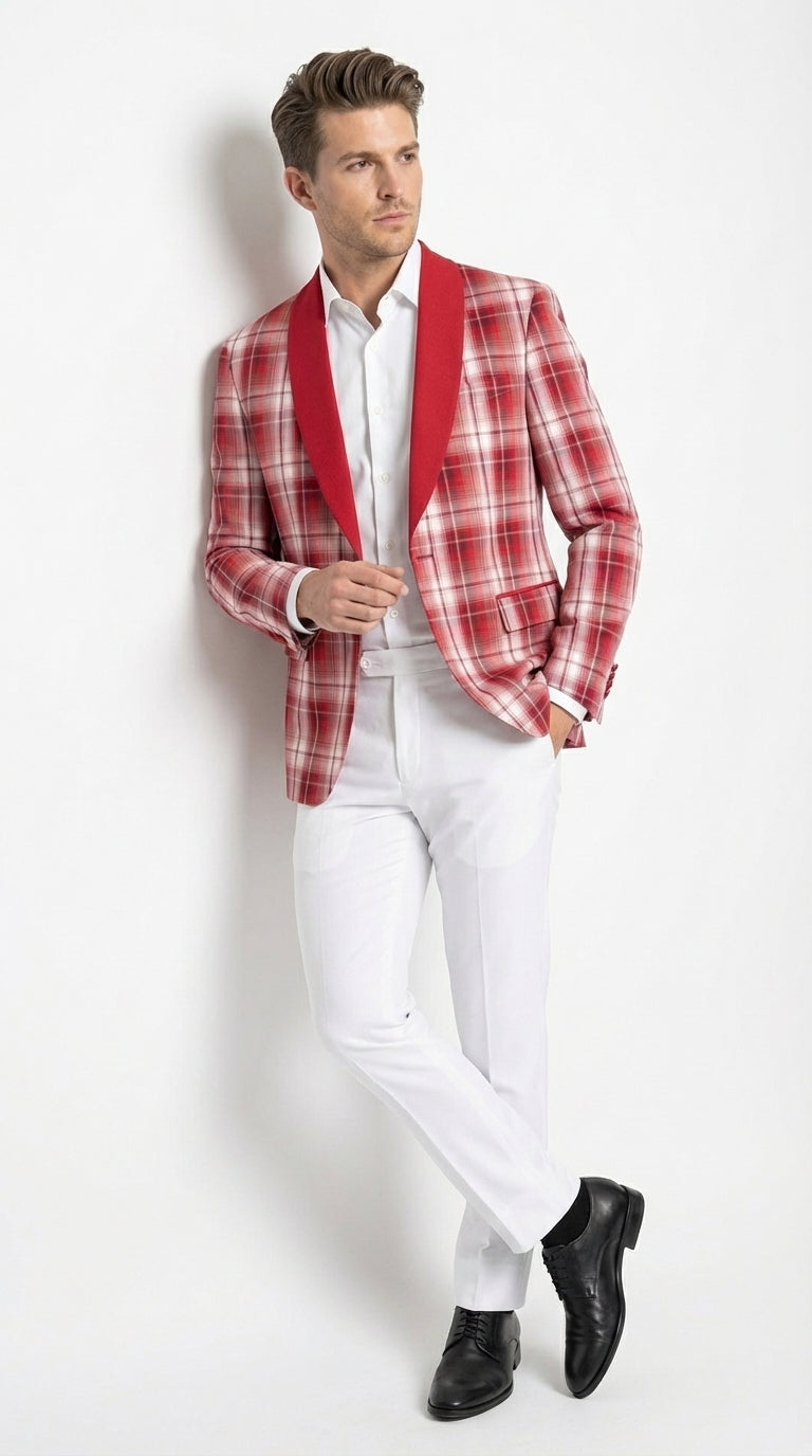 Mens Tartan Red and White Plaid Blazer – Check Pattern Sport Coat Red Shawl Lapel Party Christmas Holiday New Year - 36 Short