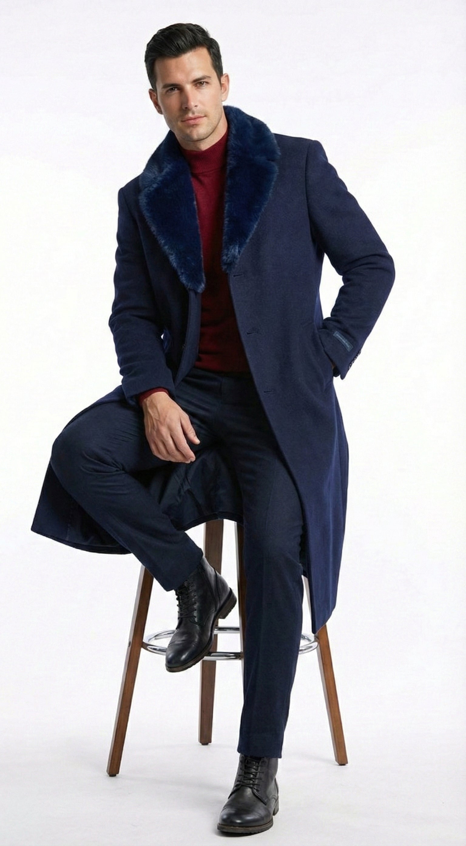 Mens Dark Navy Blue Long Overcoat with Faux Fur Collar, Classic Winter Dress Coat for Formal
