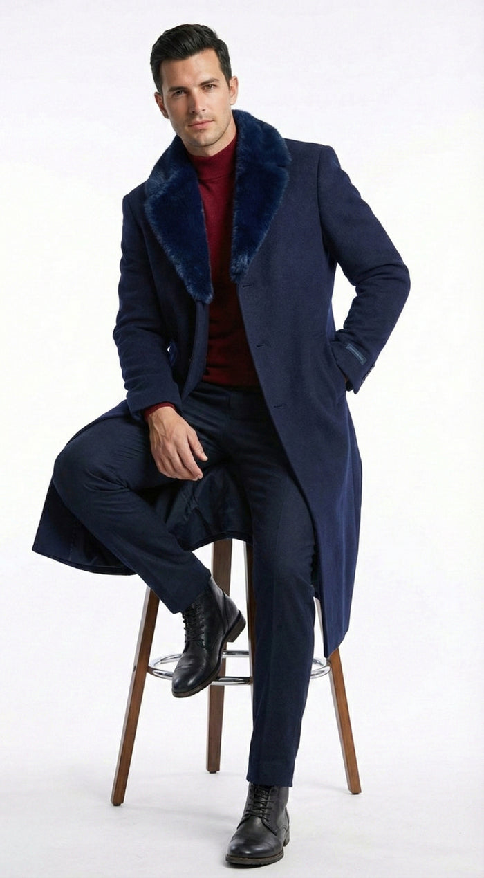 Mens Dark Navy Blue Long Overcoat with Faux Fur Collar, Classic Winter Dress Coat for Formal