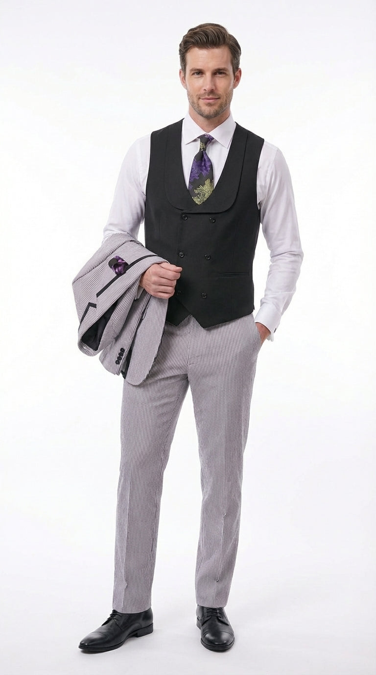 Mens Black and White Pinstripe Wedding Tuxedo Suit – Three Piece Formal Suit Set with Contrast Trim for Groom, Prom - Seersucker Summer Suit - 34 Short or Extra Small