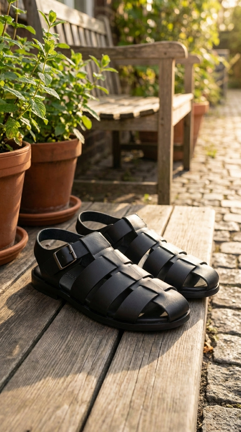 Mens Black Leather Sandals – Buckle Strap Casual Summer Shoes Breathable Open Toe Comfort Footwear - 39 (6-6.5 US)
