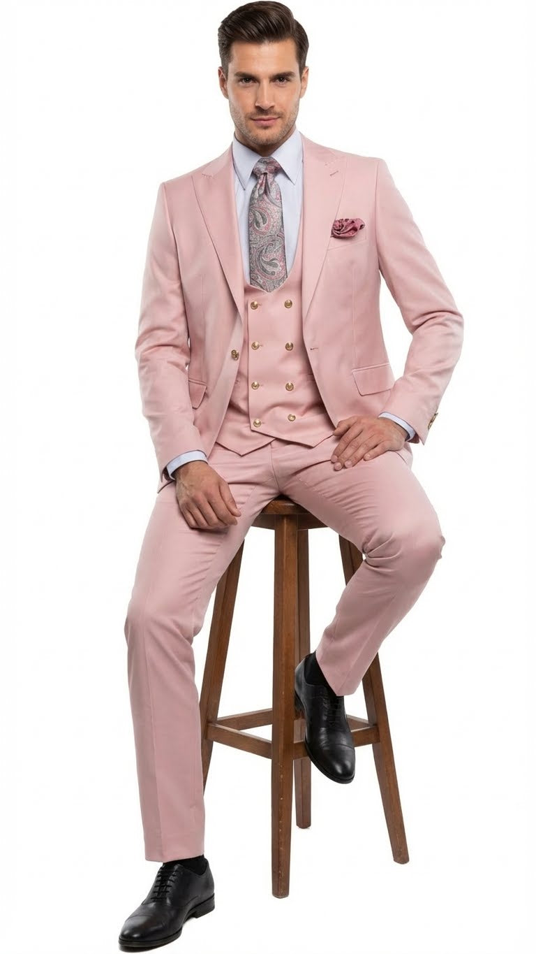 Men’s Blush Pink and Gold Three-Piece Suit – Tailored Fit Formal Wedding, Vested Suit By Rossiman - 34 Short or Extra Small