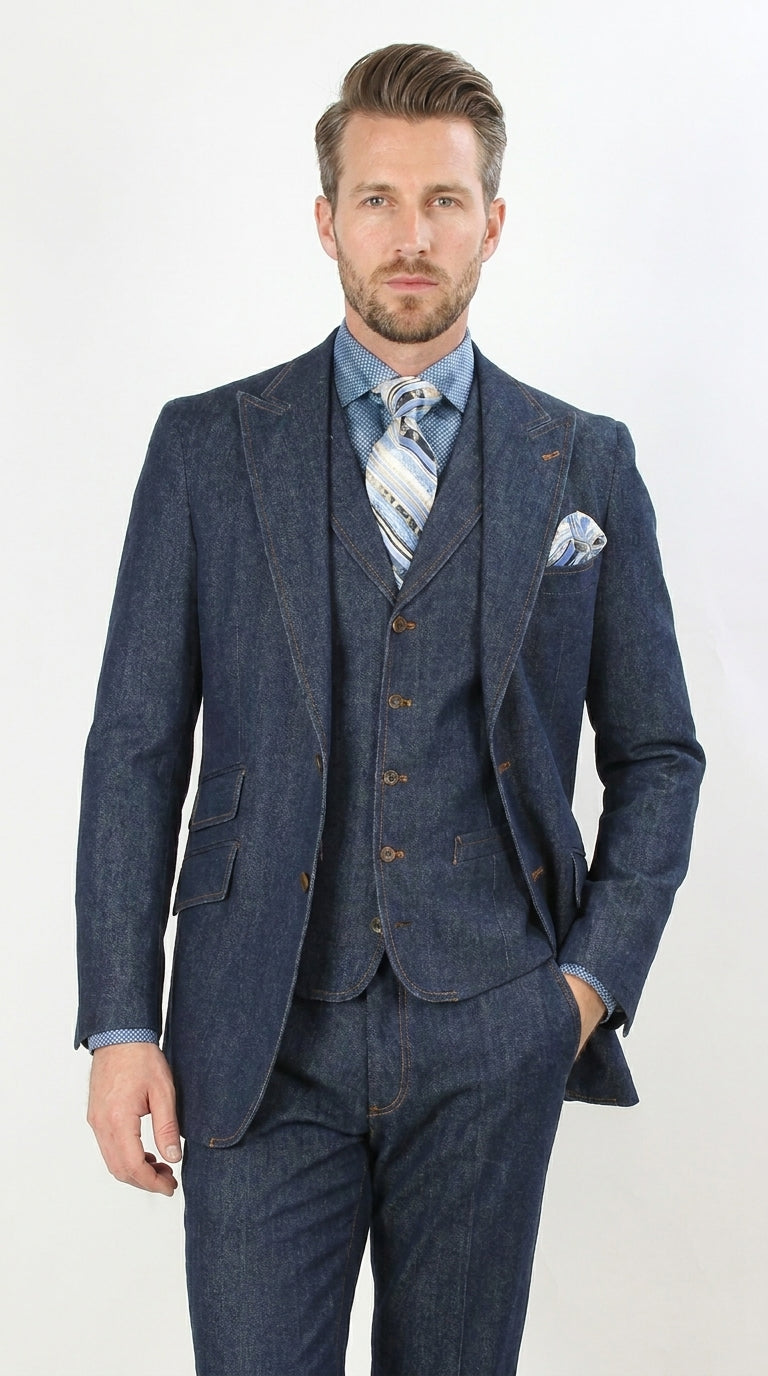 Men’s Pleated Pants Dark Blue Denim 3 Piece Suit – 100% Cotton Formal Suit Set, Blazer Vest Pants Outfit Classic Fit Athletic Fit Lose Fit - 34 Short or Extra Small