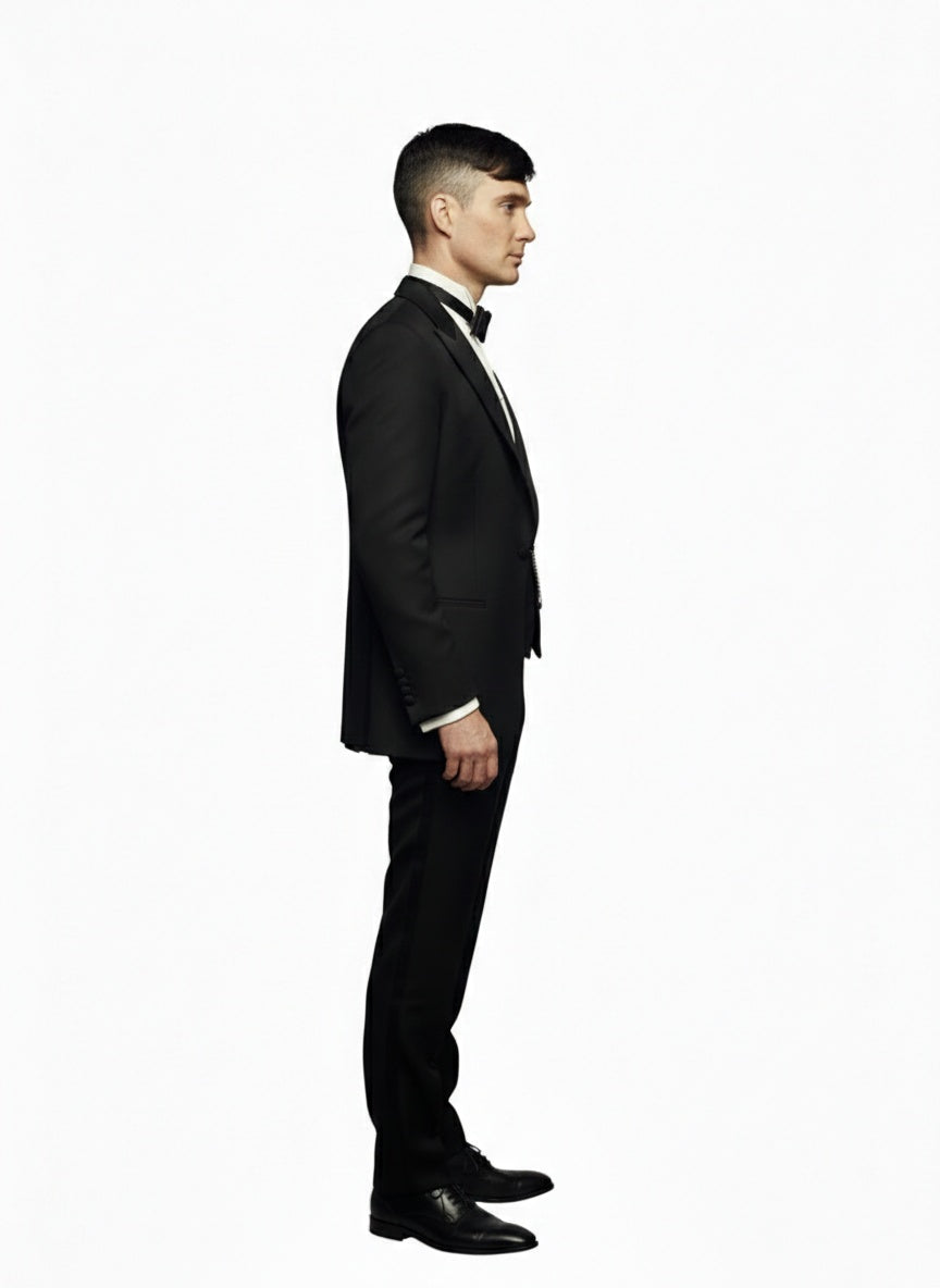 Mens Black Peaky Blinders Style Three-Piece Tuxedo Suit Classic Formal Suit with Blazer and Waistcoat Peak Lapel 1920s Style