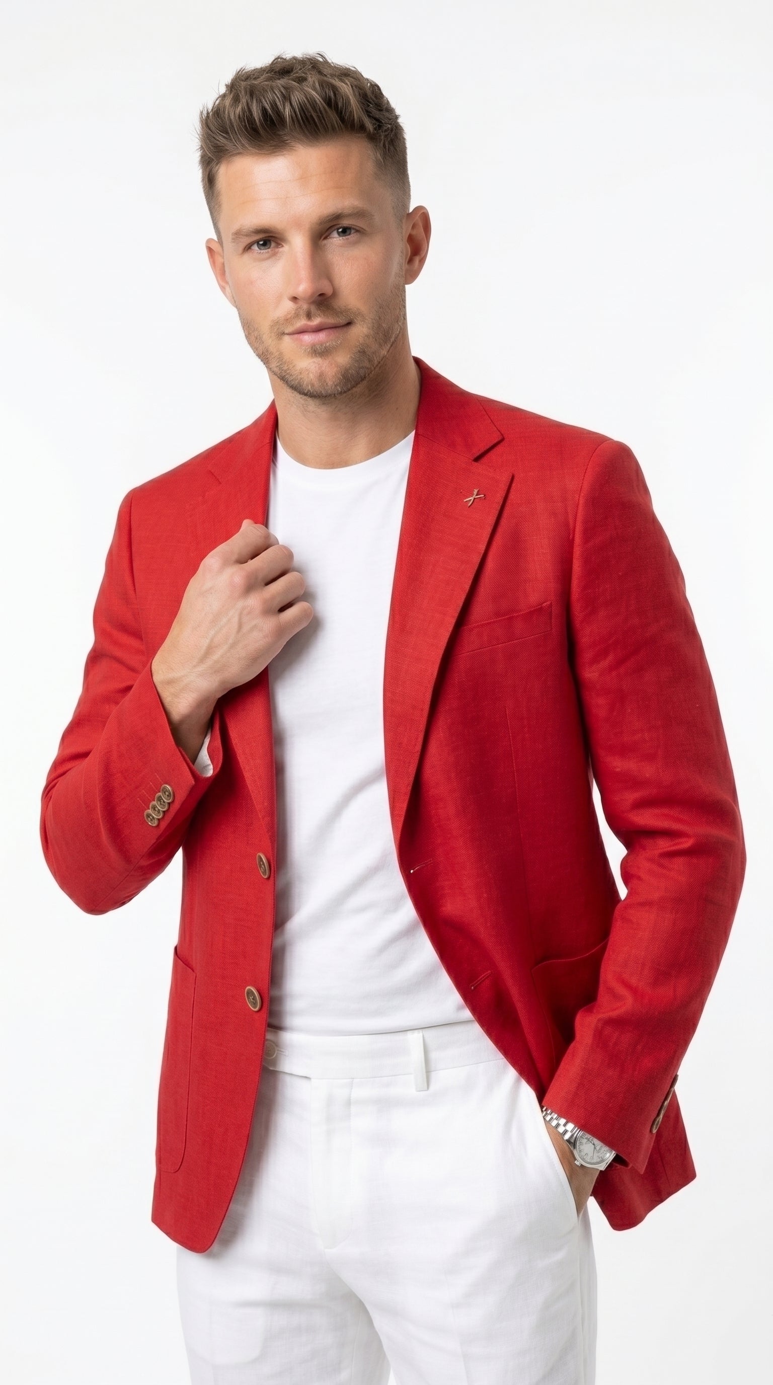 Men’s Red Linen Blazer, Lightweight Business Casual Wedding Sport Coat Jacket - 36 Short