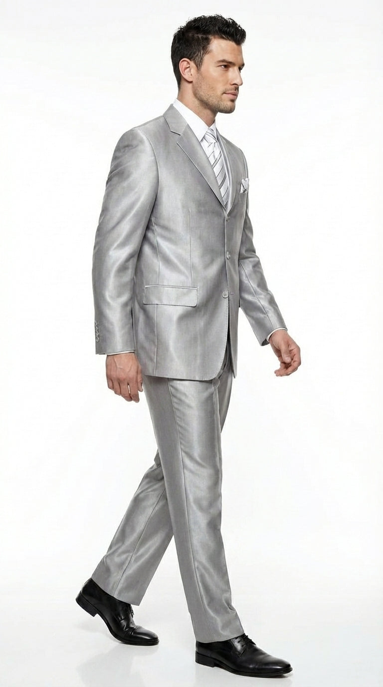 Men’s Silver Grey Sharkskin Suit – 3 Button Classic Fit Shiny Formal Suit for Wedding, Business and Party Wear - 34 Short or Extra Small