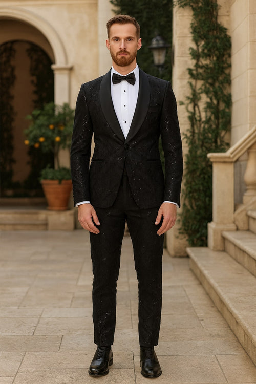 Black Sequin Tuxedo Suit with Satin Shawl Lapel Mens Slim Fit Formal Prom and Wedding Attire