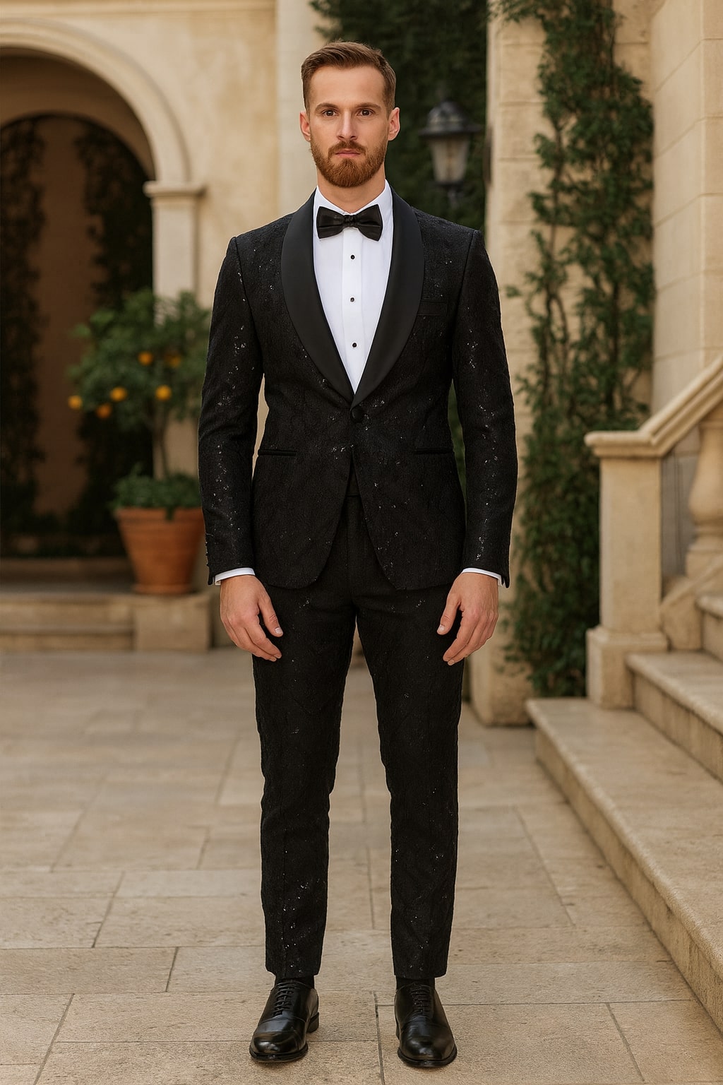 Black Sequin Tuxedo Suit with Satin Shawl Lapel – Mens Slim Fit Formal Prom and Wedding Attire - 34 Short or Extra Small