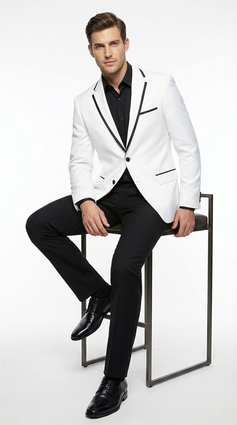 Men’s White Disco Blazer 70s Era Costume Jacket – Black Trim Retro Party Blazer, Vintage Dance Outfit, Stylish Evening Themed Wear - 36 Short