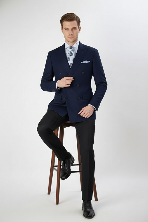 Mens Navy Blue Double-Breasted Blazer - Suit Jacket Premium Tailored Fit Formal Wedding and Business Sport Coat