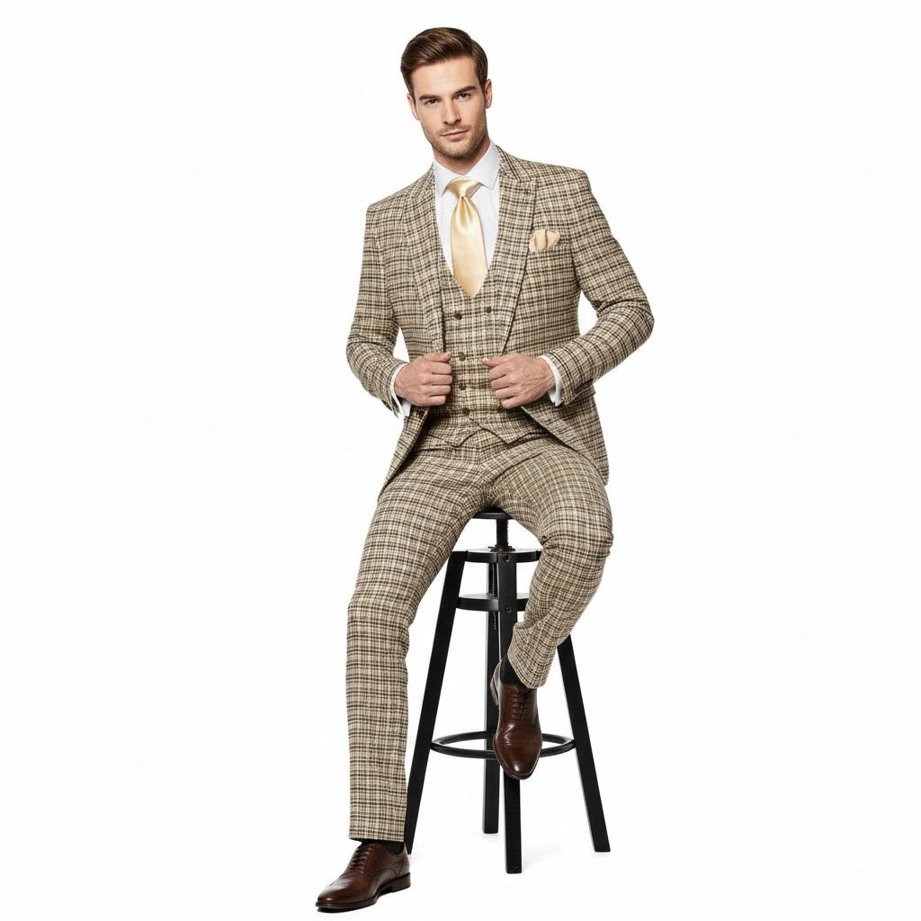 Mens Beige and Navy Check 3-Piece Suit Set Premium Tailored Fit Formal Wedding and Business Suit By Rossiman