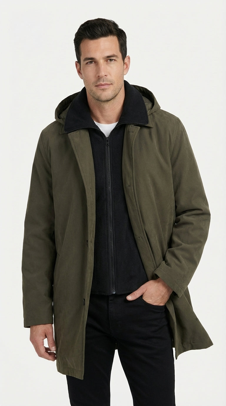 Mens Olive Brown Trench Coat Raincoat – Classic Water Resistant Long Coat with Zip and Button Closure for Business, Travel and Everyday Outerwear - Coat Size 38