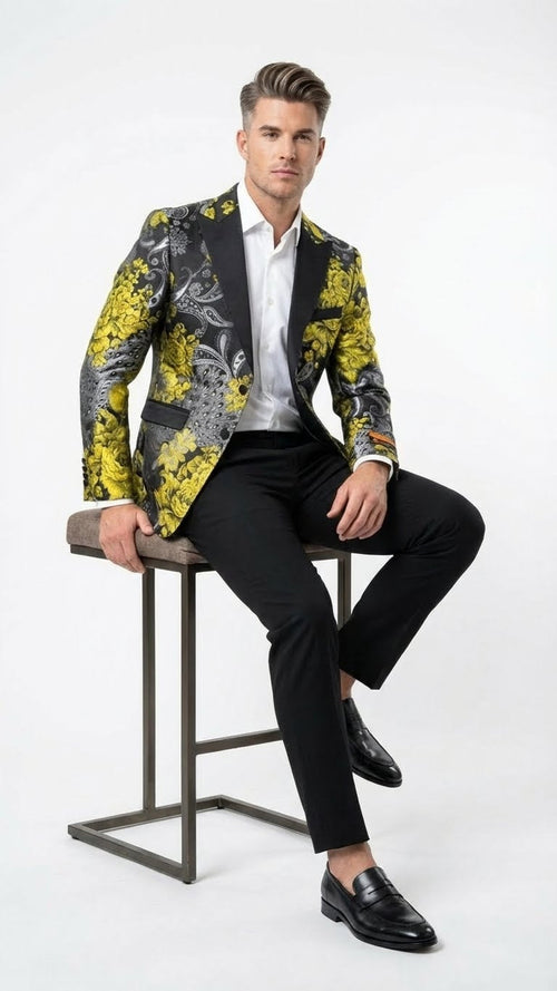 Mens Yellow Tuxedo Black and Gold Floral Pattern Blazer | Formal Jacket - Prom Dinner Jacket + Black Pants + Bowtie