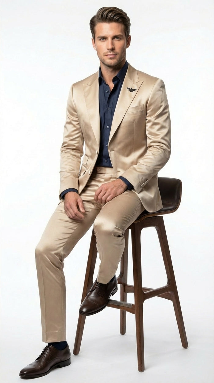 Mens Shiny Champagne Gold Two Piece Suit Luxury Formal Satin Finish Suit for Wedding, Party and Evening Wear
