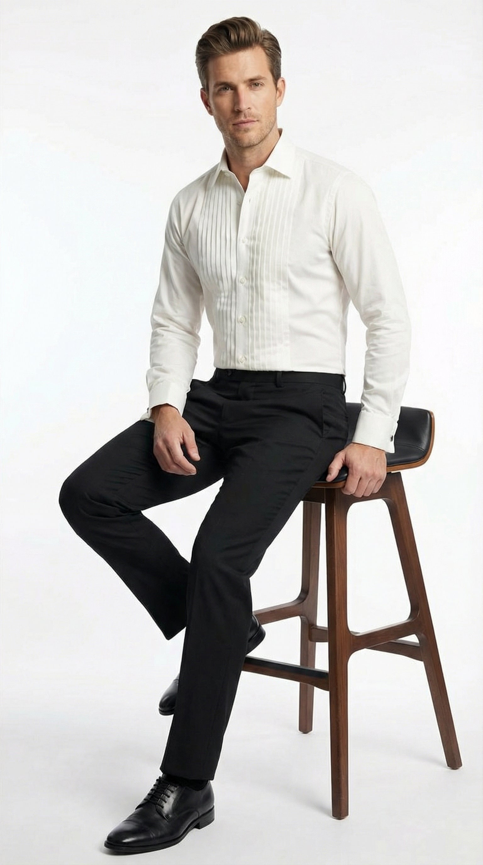 Men’s Ivory Cream Off White  Pleated Tuxedo Dress Shirt | French Cuff Formal Wedding Shirt - 15.5" Neck / 34–35" Sleeve