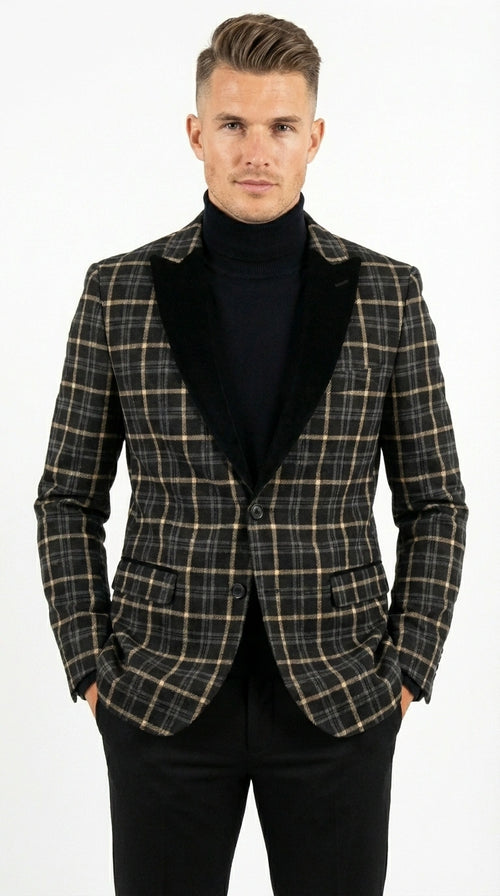 Mens Tartan Black and Gold Check Blazer – Windowpane Plaid Sport Coat Velvet Lapel Formal Party Jacket Chirsitmas New Year Holiday Jacket