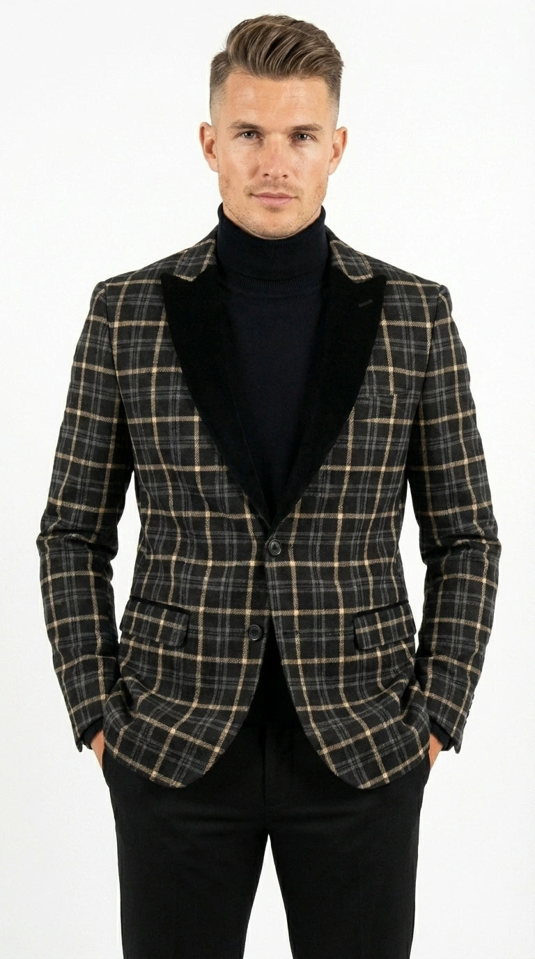 Mens Tartan Black and Gold Check Blazer – Windowpane Plaid Sport Coat Velvet Lapel Formal Party Jacket Chirsitmas New Year Holiday Jacket - 36 Short