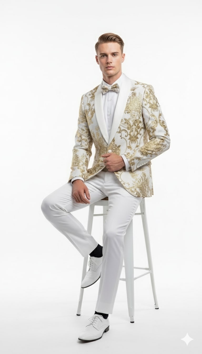 Mens White and Gold Floral Tuxedo Jacket with Satin Lapel – Luxury Prom, Wedding, and Formal Dinner Blazer - 34 Short or Extra Small