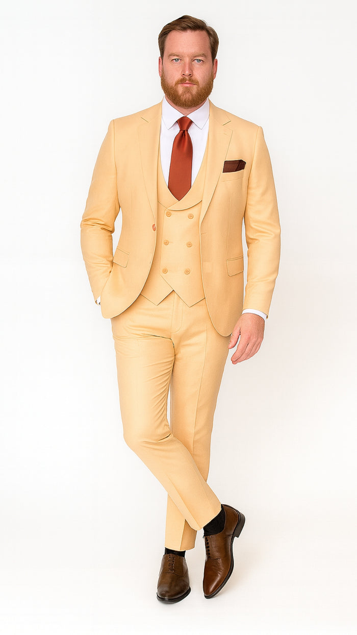 Mens Peach 3-Piece Suit Double-Breasted Vest, Notch Lapel Blazer, Slim Fit Dress Pants