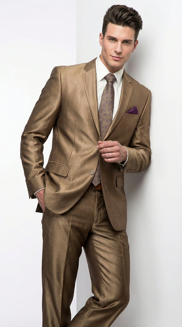 Mens Gold Brown Tan Beige Khaki Bronze Formal Suit – Luxury Metallic Finish Wedding and Prom Suit for Men - 34 Short or Extra Small