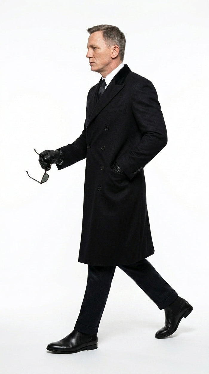 Men’s Black Double Breasted Overcoat, James Bond Inspired Long Formal Coat for Weddings, Business Events, Parties, and Winter Occasions
