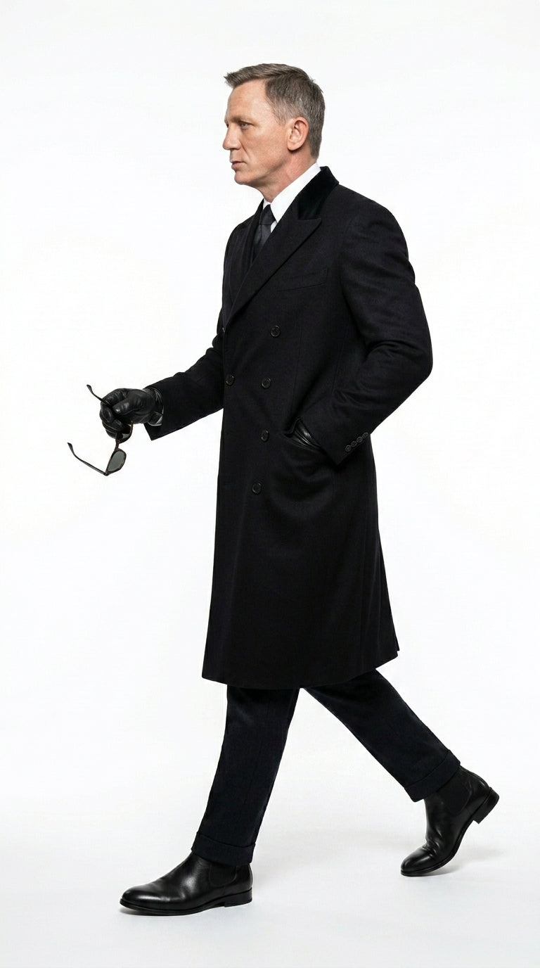 Men’s Black Double Breasted Overcoat, James Bond Inspired Long Formal Coat for Weddings, Business Events, Parties, and Winter Occasions
