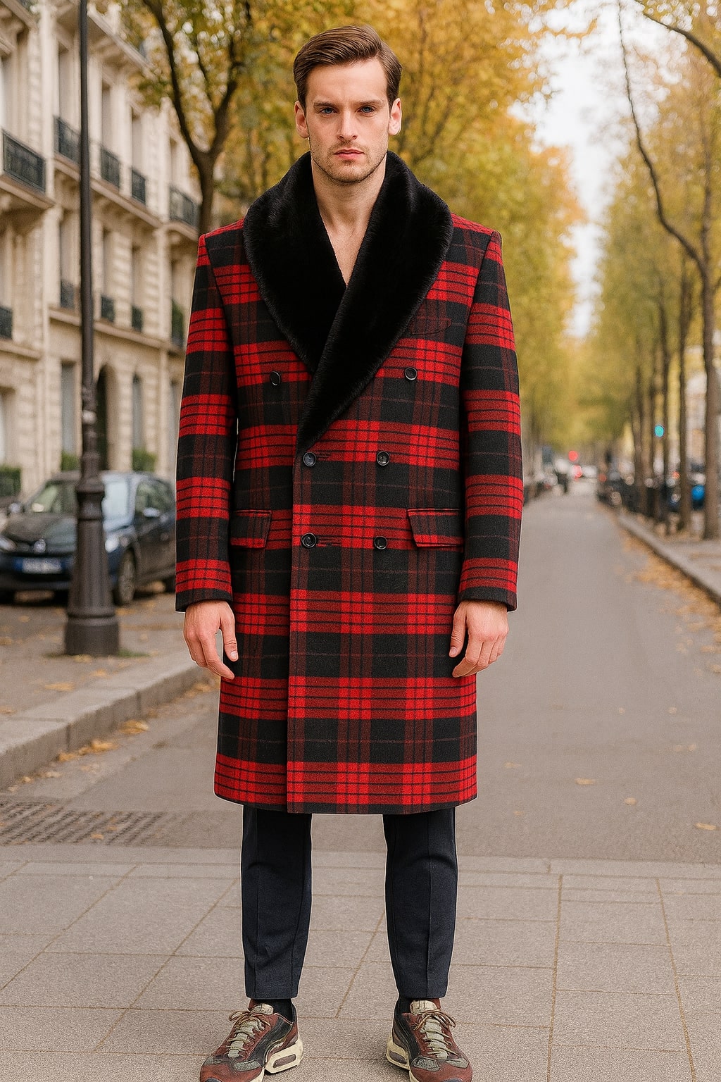 Mens Red and Black Plaid Wool Overcoat with Black Faux Fur Shawl Collar – Double-Breasted Winter Coat - Tartan Designs - Coat Size 38