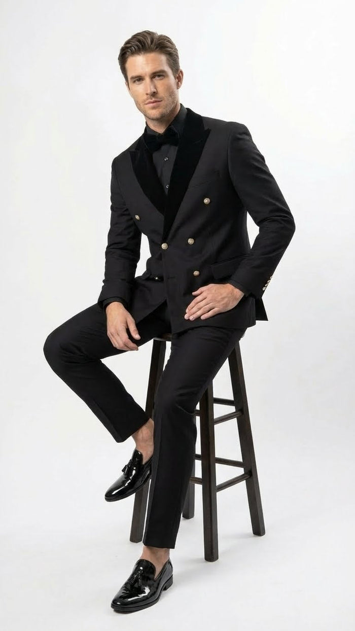 Mens Black Double Breasted Tuxedo Suit Luxury Formal Dinner Jacket Gold Buttons Velvet Lapel