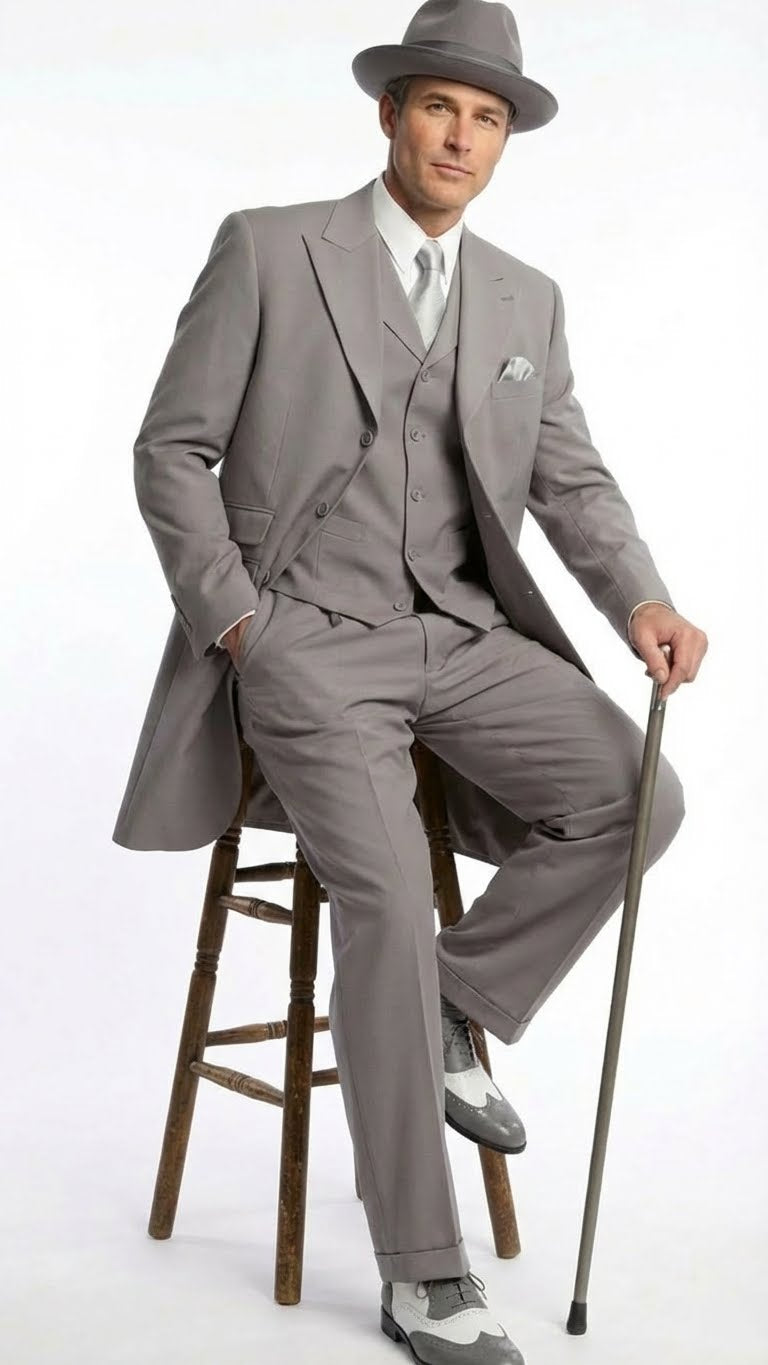 Men’s Gray Zoot Suit with Matching Hat and 1920s Shoes | Grey Vintage Wedding and Party Three Piece Suit - Gray