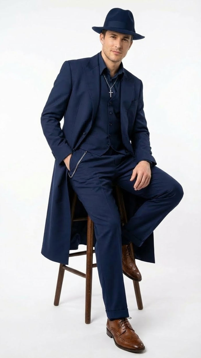 Mens Navy Blue 1920s Zoot Suit Long Mafia Gangster Three-Piece Vintage Costume Set Suit Pachuco Style