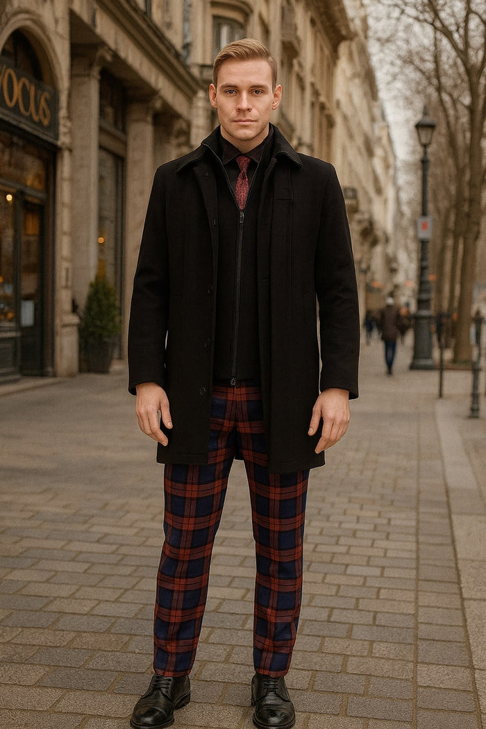 Mens Black Wool Overcoat Classic Single-Breasted Winter Coat for Business and Formal Wear