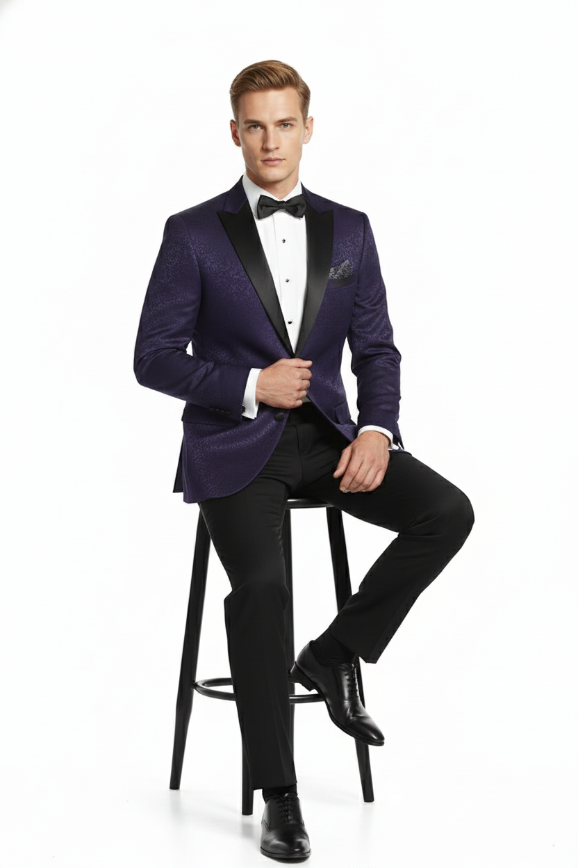 Menâ€™s Purple Paisley Tuxedo Jacket â€“ Ultra Slim Fit Dinner Blazer with Black Satin Peak Lapel - 36 Short
