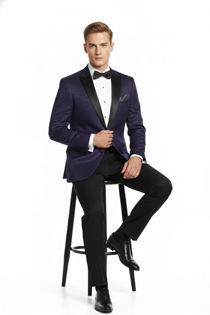 Mens Purple Paisley Tuxedo Jacket Ultra Slim Fit Dinner Blazer with Black Satin Peak Lapel