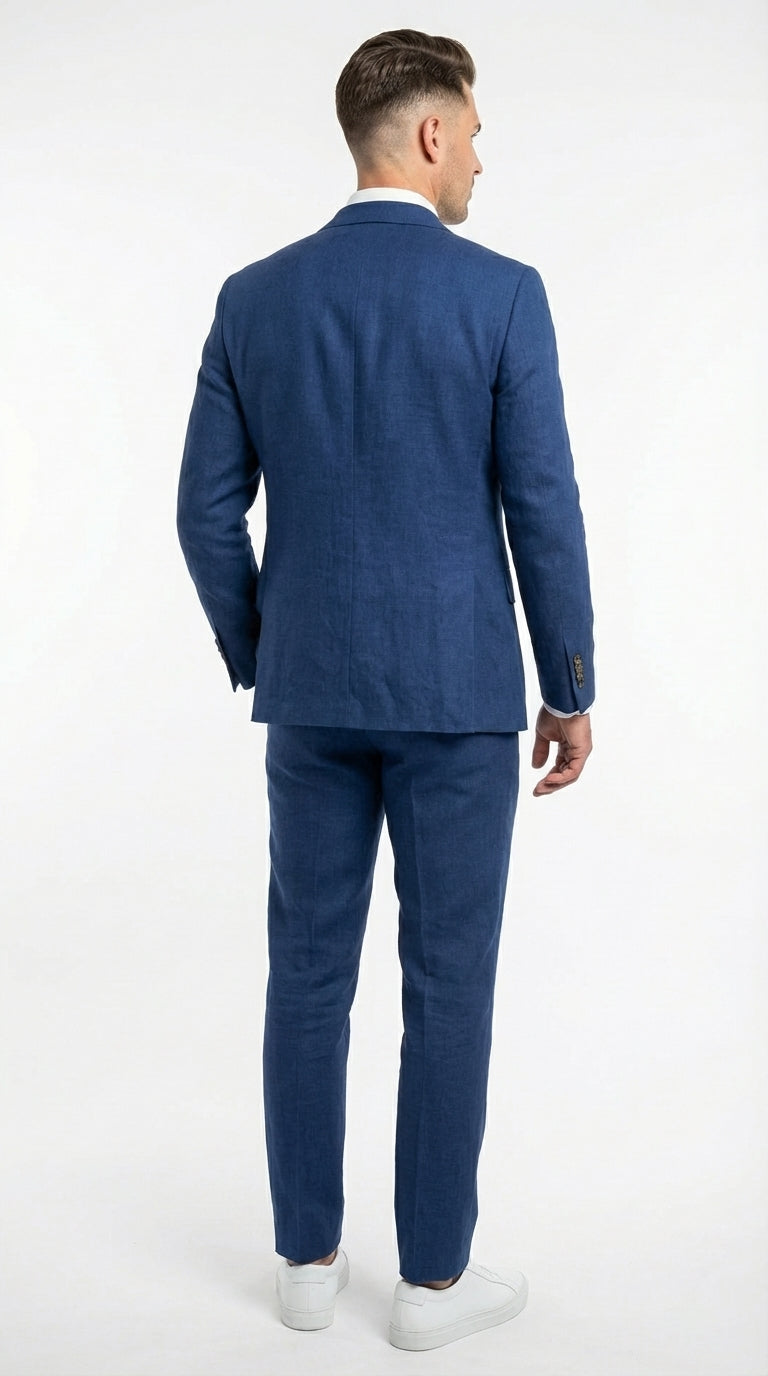 Mens Enzo Tovare Denim Blue Linen Summer Suit – Breathable Two Piece Suit for Wedding, Business, Travel - 34 Short or Extra Small