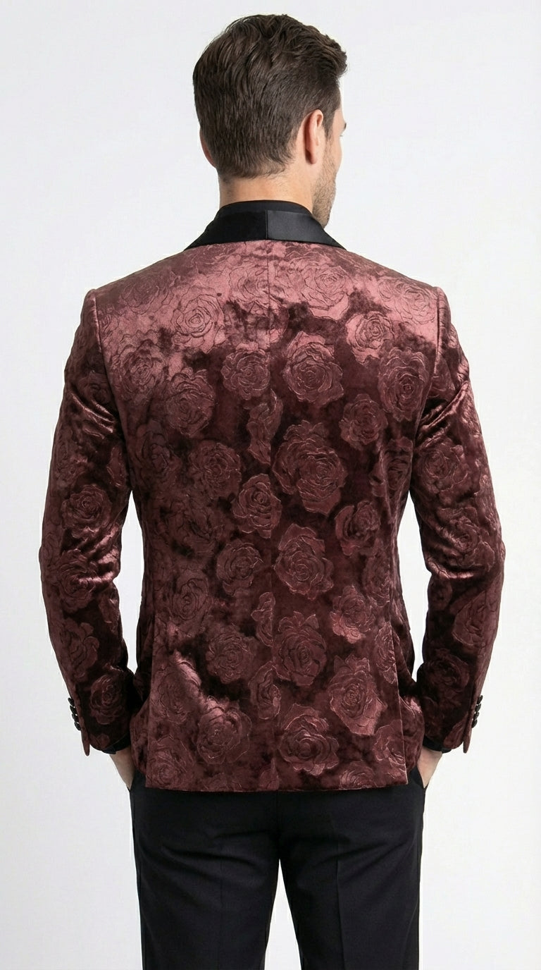 Mens Rust Copper Brick color Floral Jacquard Pasiley Blazer – Pattern Dinner Jacket with Black Shawl Lapel for Formal dinners and Wedding - 36 Short