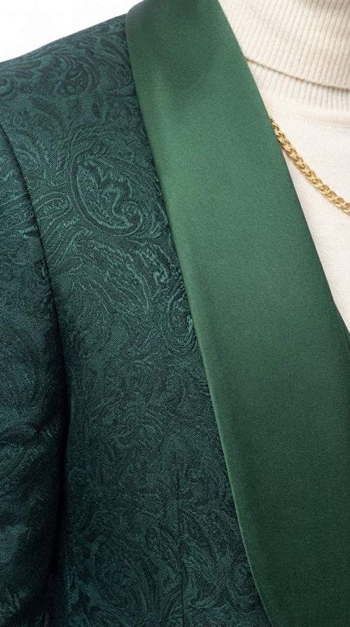 Mens Hunter Green Wedding Tuxedo Suit – Paisley Pattern Three Piece Formal Suit Set with Shawl Lapel for Groom, Prom in Emerald green
