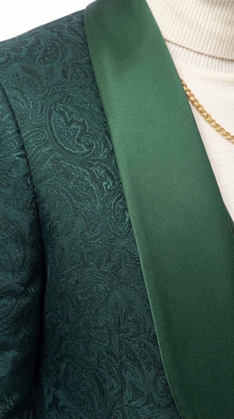 Mens Hunter Green Wedding Tuxedo Suit – Paisley Pattern Three Piece Formal Suit Set with Shawl Lapel for Groom, Prom in Emerald green - 34 Short or Extra Small