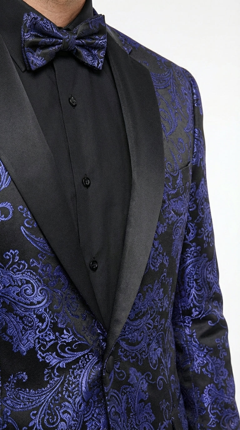 Mens Royal Blue Paisley Jacquard Blazer – Luxury Pattern Tuxedo Dinner Jacket with Black Satin Lapel for Wedding, Prom With Bowtie - 36 Short
