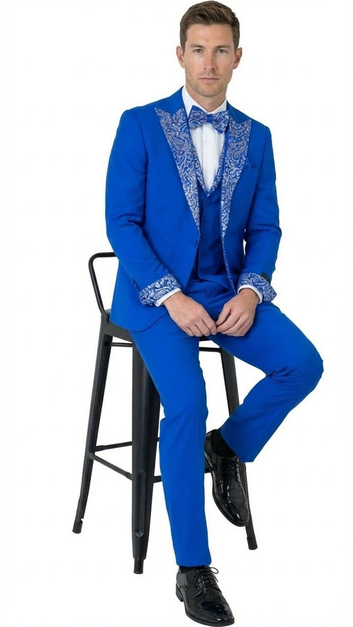 Mens Bright Royal Blue and White lapel  Embellished Tuxedo Suit 3-Piece Formal Wedding, Prom, and Gala Outfit