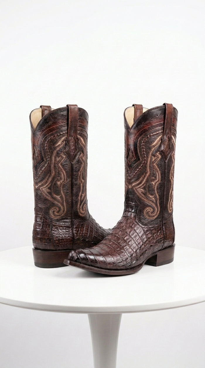 Men’s Los Altos Faded Brown Caiman Tail Cowboy Boots with Pointed Toe, Western Dress Boots